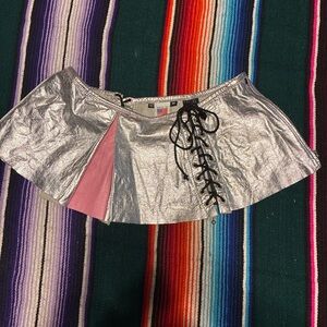 Vintage Y2K Metallic Silver Leather Mini Skirt Corset Lace Up USA